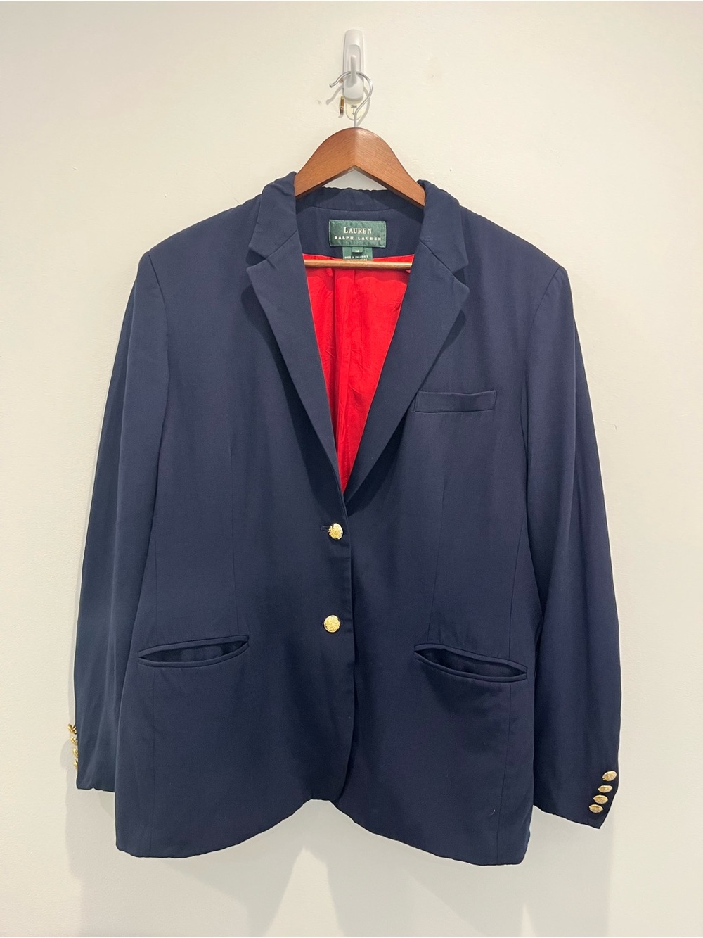 Lauren Ralph Lauren Vintage Navy Blue Blazer with Red Lining and Gold Buttons